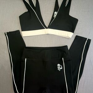 Black Athletic Sports Bra and Leggings Set with White Trim